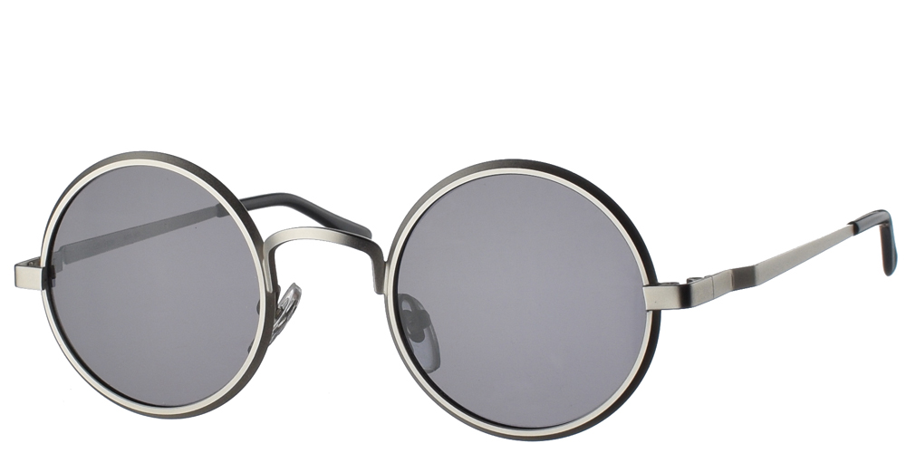 Στρογγυλά unisex μεταλλικά γυαλιά ηλίου HT 1970 με ασημί μεταλλικό σκελετό και σκούρους γκρι polarized φακούς της εταιρίας Hi Tek για όλα τα πρόσωπα.