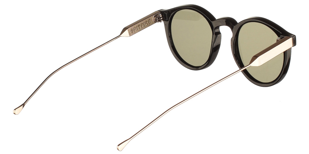 Στρογγυλά ανδρικά και γυναικεία κοκάλινα γυαλιά ηλίου Spitfire Flex Black με χρυσούς μεταλλικούς βραχίονες και επίπεδους φακούς για όλα τα πρόσωπα.