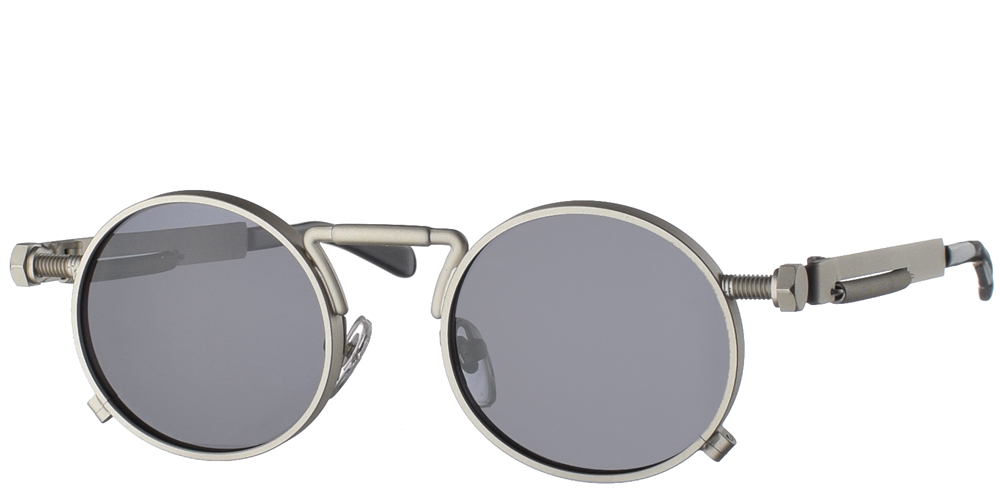 Στρογγυλά unisex μεταλλικά γυαλιά ηλίου HT 1985 με ματ ασημί μεταλλικό σκελετό και σκούρους γκρι polarized φακούς της εταιρίας Hi Tek για μικρά και μεσαία πρόσωπα.