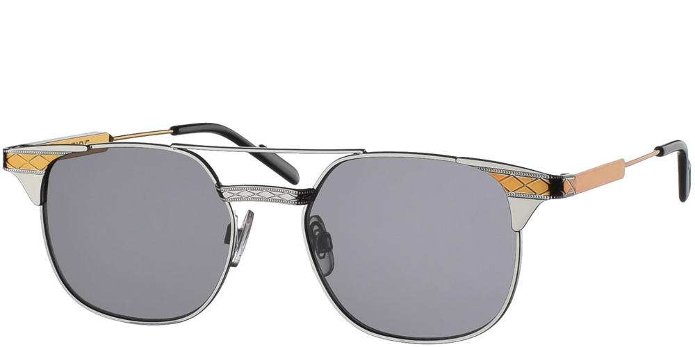 Μεταλλικά τετράγωνα unisex γυαλιά ηλίου Grit με διπλή ασημί μεταλλική γέφυρα και επίπεδο σκούρο γκρι φακό της εταιρίας Spitfire για μεσαία και μεγάλα πρόσωπα.