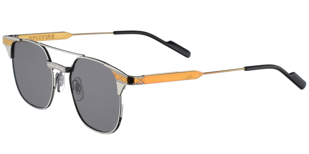 Μεταλλικά τετράγωνα unisex γυαλιά ηλίου Grit με διπλή ασημί μεταλλική γέφυρα και επίπεδο σκούρο γκρι φακό της εταιρίας Spitfire για μεσαία και μεγάλα πρόσωπα.