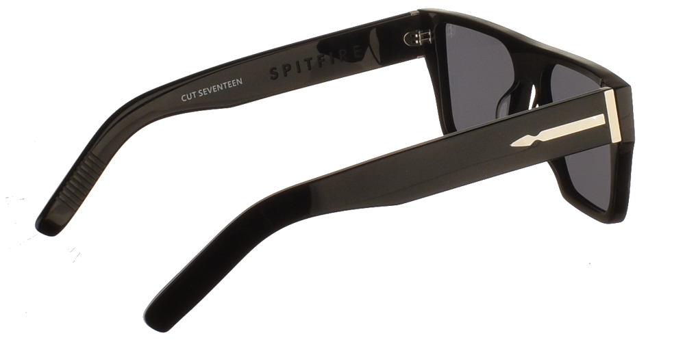 Unisex μεγάλα τετράγωνα κοκάλινα γυαλιά ηλίου Cut Seventeen σε μαύρο χρώμα και επίπεδους σκούρους γκρί φακούς της εταιρίας Spitfire για μεσαία και μεγάλα πρόσωπα.