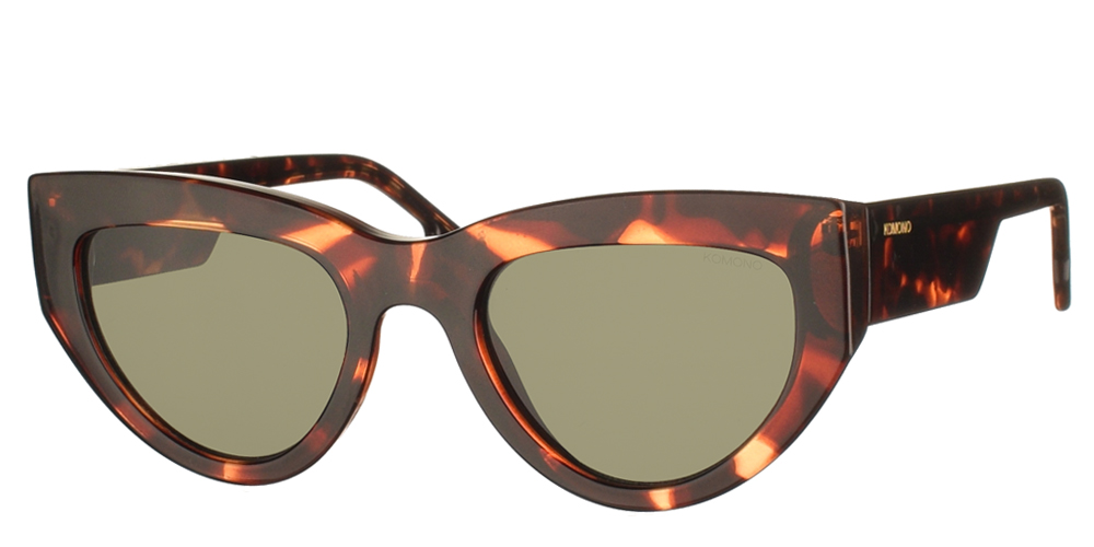Woman's cat eye acetate sunglasses Kim Havana in brown tortoise and dark green lenses by Komono best for medium and large faces.