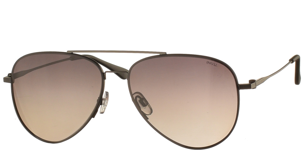 Διαχρονικά ανδρικά πιλοτικά μεταλλικά γυαλιά ηλίου P1001A μολυβί με γκρι πράσινους ντεγραντέ polarized φακούς της εταιρίας Invu πιο κατάλληλα για μεσαία και μικρά πρόσωπα.