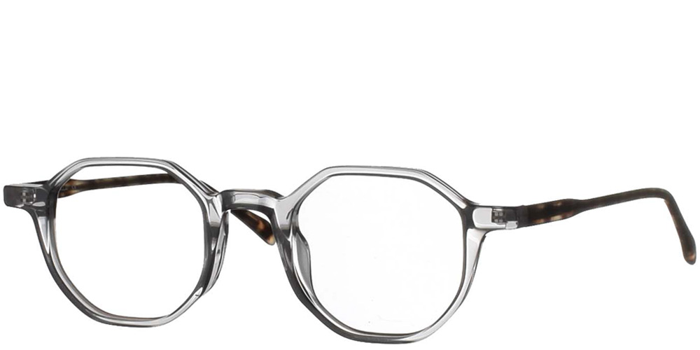 Acetate polygonal eyewear grey transparent with tortoise arms by Katler most suitable for medium and small faces.