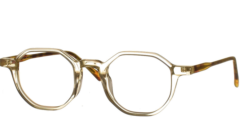 Acetate polygonal eyewear honey transparent with tortoise arms  by Katler most suitable for medium and small faces.