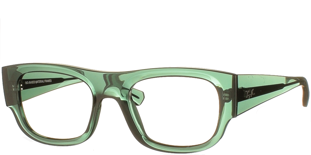 Unisex acetate square eyeglasses RB 7218 transparent forest green by Ray Ban more suitable for medium and large faces.